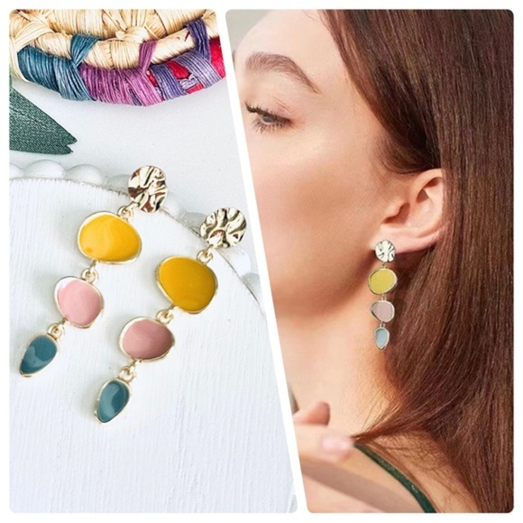 Irregular Shape Gold Pink Yellow Teal Earrings Boho Disc Dangle Gift Jewelry NEW - Picture 1 of 9